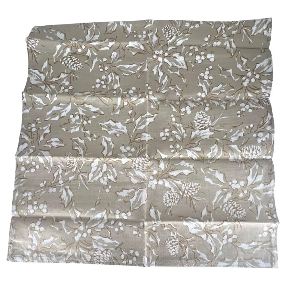 New Ralph Lauren Bowen Natural‎ Cloth Napkin Beige White Set Of 4 Holly Pinecone